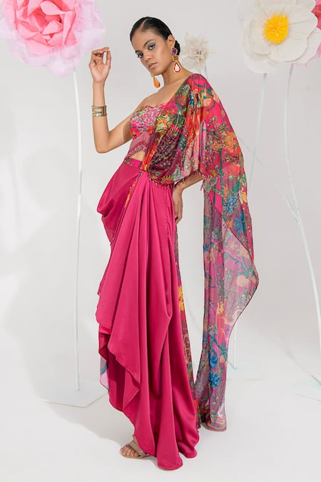 Muskan Aggarwal Rose Red Blouse & Draped Skirt Set 