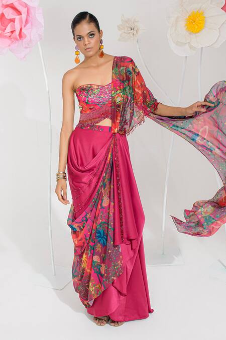 Shop_Muskan Aggarwal_Rose Gold Satin, Organza Sequins, Beads Bandeau Red Blouse And Draped Skirt Set _Online_at_Aza_Fashions