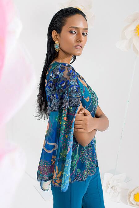 Muskan Aggarwal_Teal Georgette Sequins, Beads, Zari Round Blue Embroidered Cape Top With Sharara _Online_at_Aza_Fashions