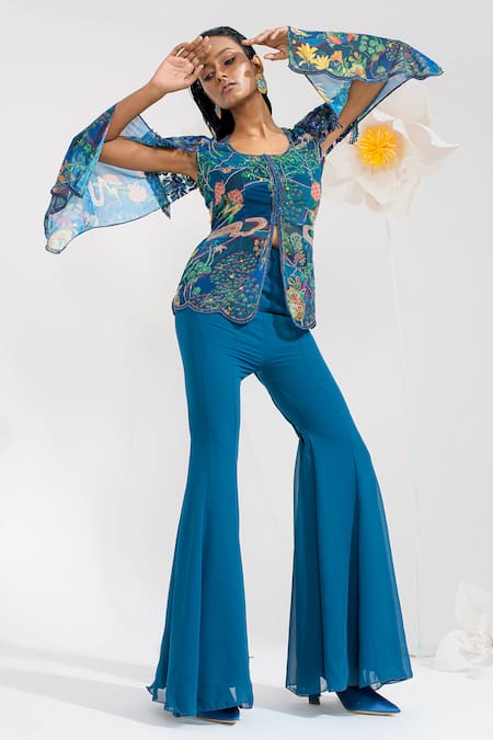 Muskan Aggarwal Teal Blue Embroidered Cape Top With Sharara 