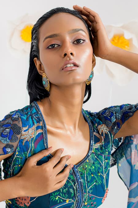 Buy_Muskan Aggarwal_Teal Georgette Sequins, Beads, Zari Round Blue Embroidered Cape Top With Sharara _Online_at_Aza_Fashions