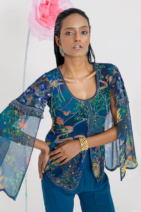 Shop_Muskan Aggarwal_Teal Georgette Sequins, Beads, Zari Round Blue Embroidered Cape Top With Sharara _Online_at_Aza_Fashions