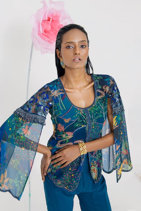 Muskan Aggarwal_Teal Georgette Sequins, Beads, Zari Round Blue Embroidered Cape Top With Sharara _at_Aza_Fashions