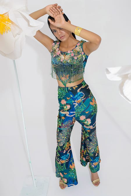 Muskan Aggarwal Teal Blue Sequin Embellished Pant Set 