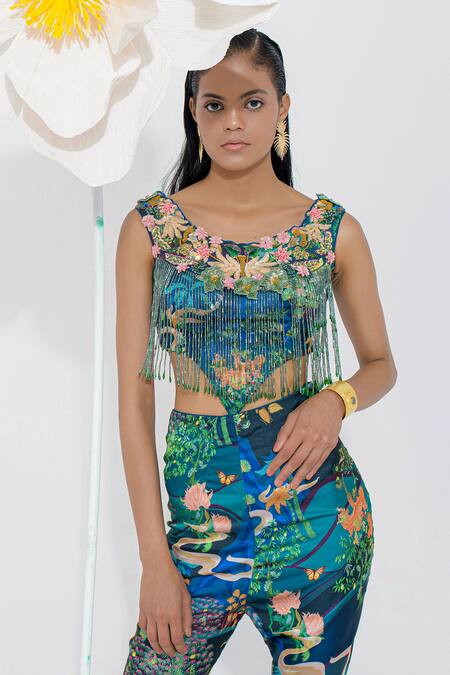 Shop_Muskan Aggarwal_Teal Satin Sequins, Beads, Cut Work Scoop Neck Blue Embellished Pant Set _Online_at_Aza_Fashions