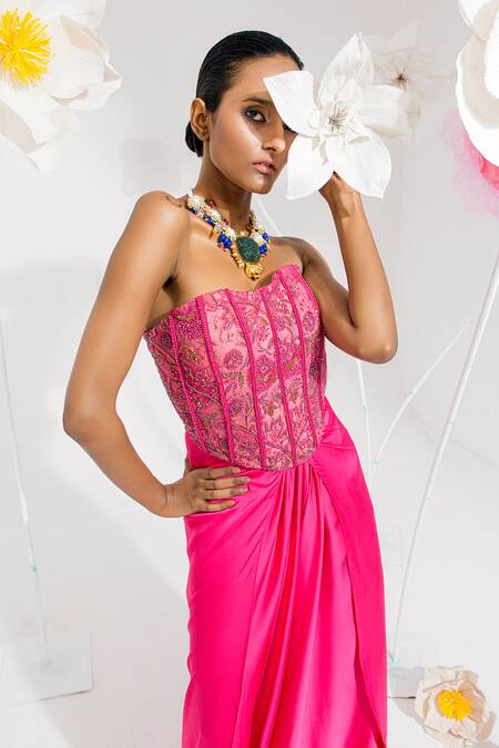 Muskan Aggarwal_Fuchsia Satin, Net Sequins, Beads, Cut Work Fushcia Pink Embroidered Skirt Set _Online_at_Aza_Fashions