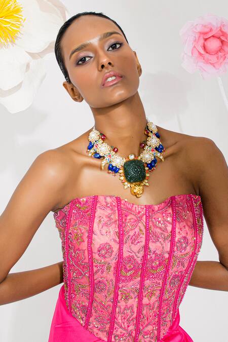 Shop_Muskan Aggarwal_Fuchsia Satin, Net Sequins, Beads, Cut Work Fushcia Pink Embroidered Skirt Set _Online_at_Aza_Fashions