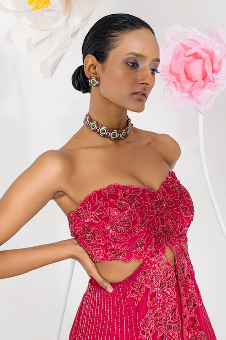 Muskan Aggarwal_Red Satin, Net Sequins, Beads, Cut Work Rose Fusion Lehenga Set _Online_at_Aza_Fashions