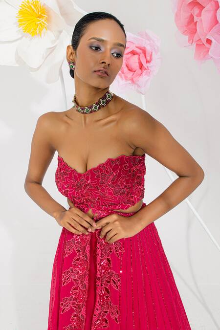 Buy_Muskan Aggarwal_Red Satin, Net Sequins, Beads, Cut Work Rose Fusion Lehenga Set _Online_at_Aza_Fashions