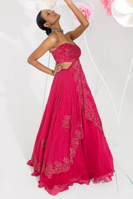 Shop_Muskan Aggarwal_Red Satin, Net Sequins, Beads, Cut Work Rose Fusion Lehenga Set _Online_at_Aza_Fashions