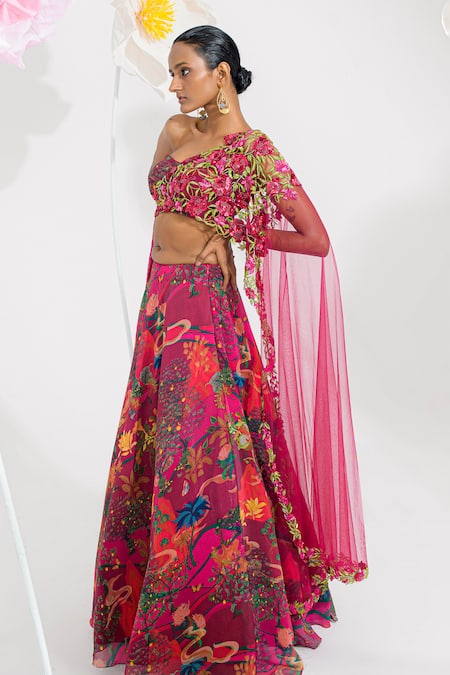 Muskan Aggarwal Rose Red Floral Printed Lehenga Set 