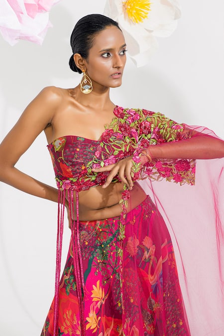 Muskan Aggarwal Rose Gold Georgette, Satin, Net Sequins, Beads, Red Floral Printed Lehenga Set Online at Aza Fashions Muskan Aggarwal_Rose Gold Georgette, Satin, Net Sequins, Beads, Red Floral Printed Lehenga Set _Online_at_Aza_Fashions