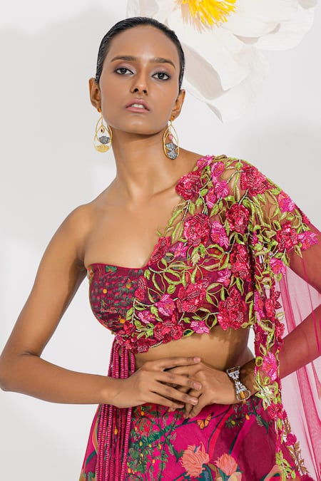 Buy Muskan Aggarwal Rose Gold Georgette, Satin, Net Sequins, Beads, Red Floral Printed Lehenga Set Online at Aza Fashions Buy_Muskan Aggarwal_Rose Gold Georgette, Satin, Net Sequins, Beads, Red Floral Printed Lehenga Set _Online_at_Aza_Fashions