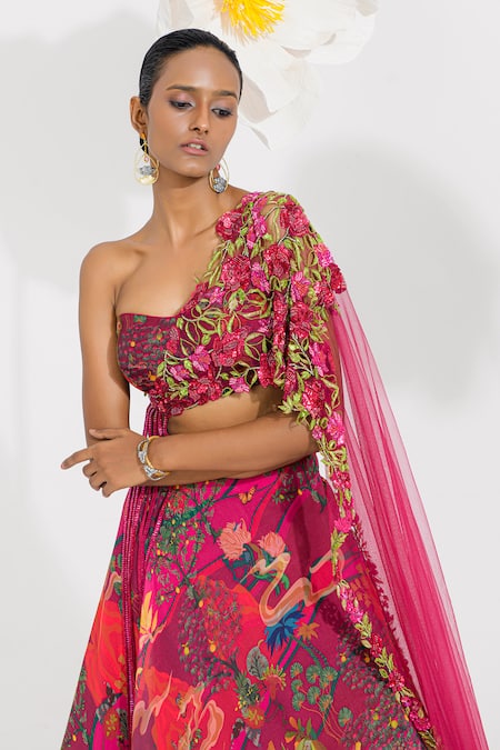 Shop Muskan Aggarwal Rose Gold Georgette, Satin, Net Sequins, Beads, Red Floral Printed Lehenga Set Online at Aza Fashions Shop_Muskan Aggarwal_Rose Gold Georgette, Satin, Net Sequins, Beads, Red Floral Printed Lehenga Set _Online_at_Aza_Fashions