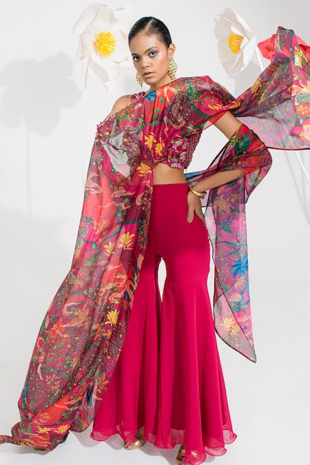 Muskan Aggarwal Rose Red Embroidered Cape Set 