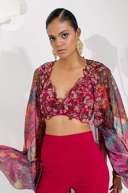 Muskan Aggarwal_Rose Gold Georgette, Satin Sequins, Beads V-neck Red Embroidered Cape Set _Online_at_Aza_Fashions