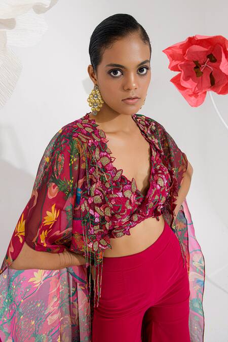 Buy_Muskan Aggarwal_Rose Gold Georgette, Satin Sequins, Beads V-neck Red Embroidered Cape Set _Online_at_Aza_Fashions