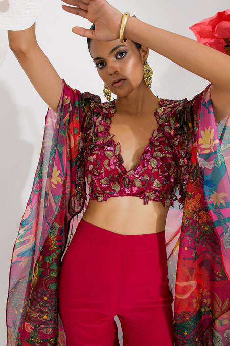 Shop_Muskan Aggarwal_Rose Gold Georgette, Satin Sequins, Beads V-neck Red Embroidered Cape Set _Online_at_Aza_Fashions