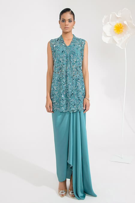 Muskan Aggarwal Aqua Blue Cutwork Embroidered Jacket With Draped Skirt 