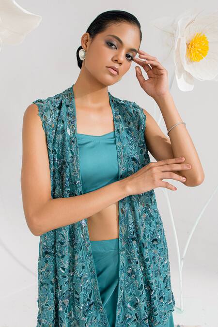 Muskan Aggarwal_Aqua Organza, Satin Sequins, Beads, Blue Embroidered Jacket With Draped Skirt _Online_at_Aza_Fashions