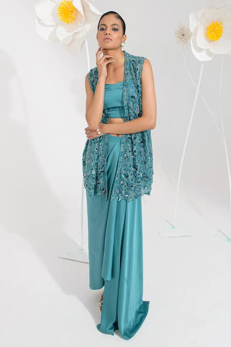 Buy_Muskan Aggarwal_Aqua Organza, Satin Sequins, Beads, Blue Embroidered Jacket With Draped Skirt _Online_at_Aza_Fashions