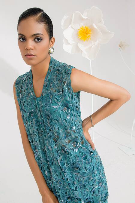 Shop_Muskan Aggarwal_Aqua Organza, Satin Sequins, Beads, Blue Embroidered Jacket With Draped Skirt _Online_at_Aza_Fashions