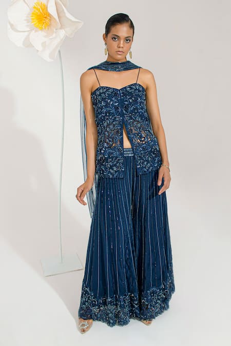 Muskan Aggarwal Midnight Blue Sequined Peplum Top & Palazzo Set 