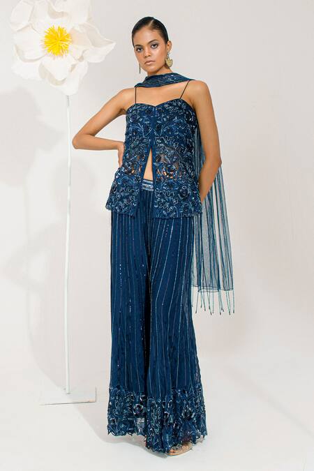 Muskan Aggarwal_Navy Organza, Net Sequins, Beads V-neck Midnight Blue Peplum Top And Palazzo Set _Online_at_Aza_Fashions