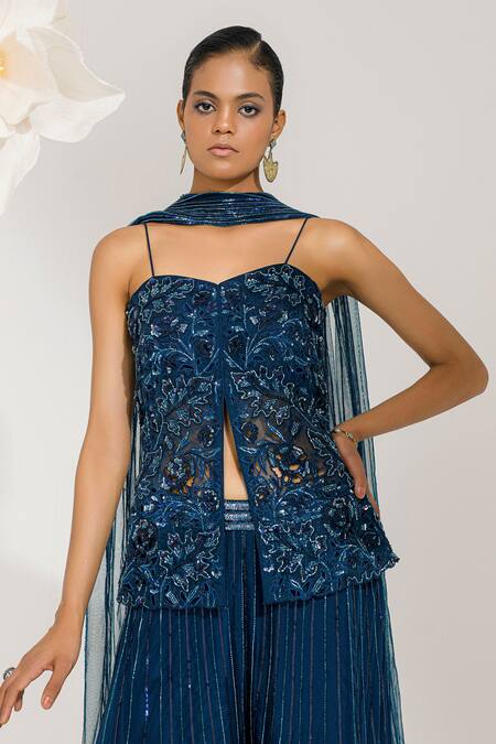 Buy_Muskan Aggarwal_Navy Organza, Net Sequins, Beads V-neck Midnight Blue Peplum Top And Palazzo Set _Online_at_Aza_Fashions