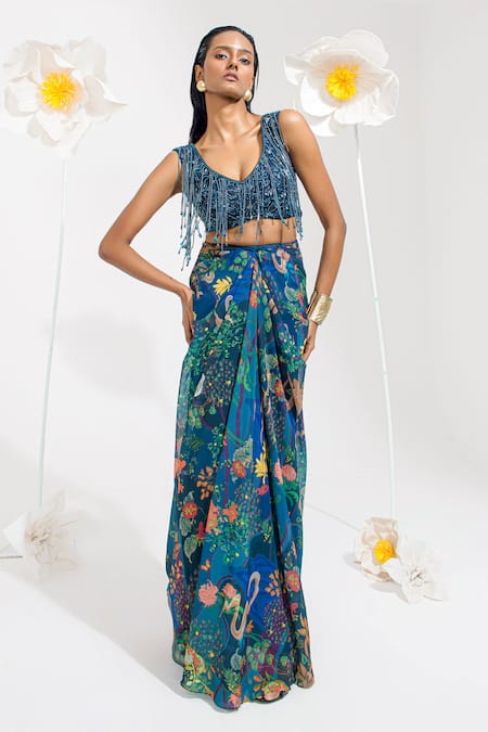 Muskan Aggarwal Teal Blue Sequined Blouse & Draped Skirt Set 