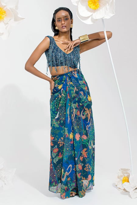 Muskan Aggarwal_Teal Net, Georgette Sequins, Beads, Cut Work Blue Blouse And Draped Skirt Set _Online_at_Aza_Fashions