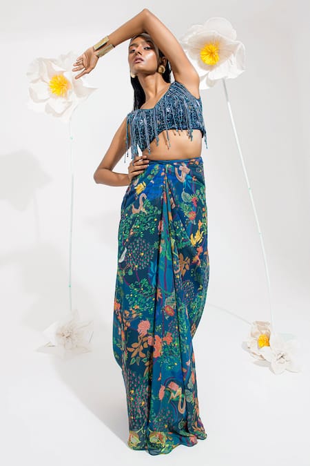Buy_Muskan Aggarwal_Teal Net, Georgette Sequins, Beads, Cut Work Blue Blouse And Draped Skirt Set _Online_at_Aza_Fashions