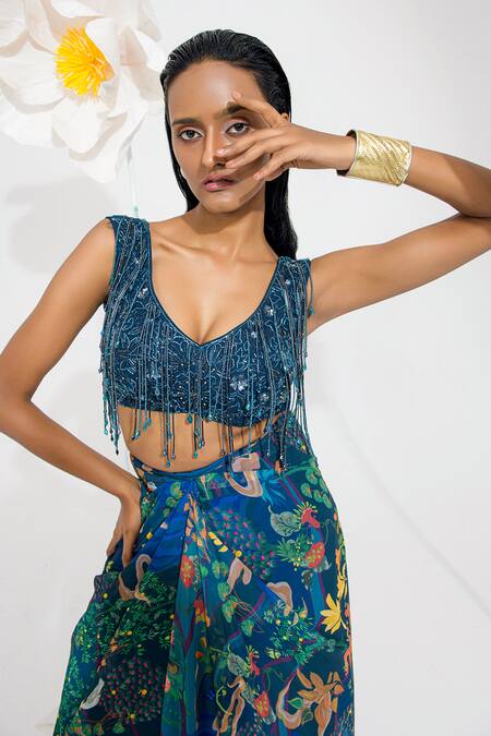 Shop_Muskan Aggarwal_Teal Net, Georgette Sequins, Beads, Cut Work Blue Blouse And Draped Skirt Set _Online_at_Aza_Fashions