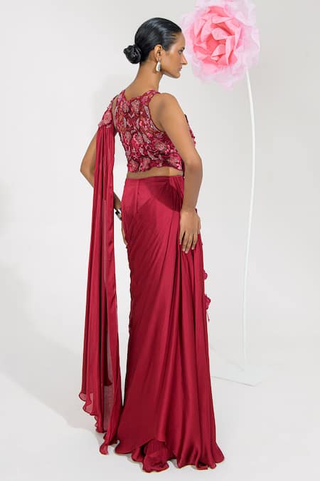 Muskan Aggarwal Maroon Satin Georgette Saree Gown 