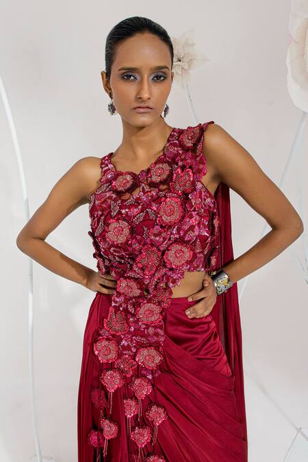 Muskan Aggarwal Maroon Satin, Georgette, Net Sequins, Beads, Cut Work Round Neck Saree Gown Online at Aza Fashions Muskan Aggarwal_Maroon Satin, Georgette, Net Sequins, Beads, Cut Work Round Neck Saree Gown _Online_at_Aza_Fashions