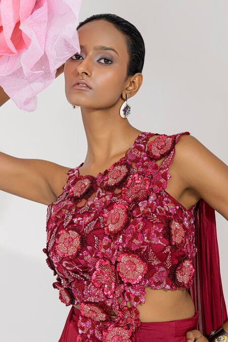 Shop Muskan Aggarwal Maroon Satin, Georgette, Net Sequins, Beads, Cut Work Round Neck Saree Gown Online at Aza Fashions Shop_Muskan Aggarwal_Maroon Satin, Georgette, Net Sequins, Beads, Cut Work Round Neck Saree Gown _Online_at_Aza_Fashions