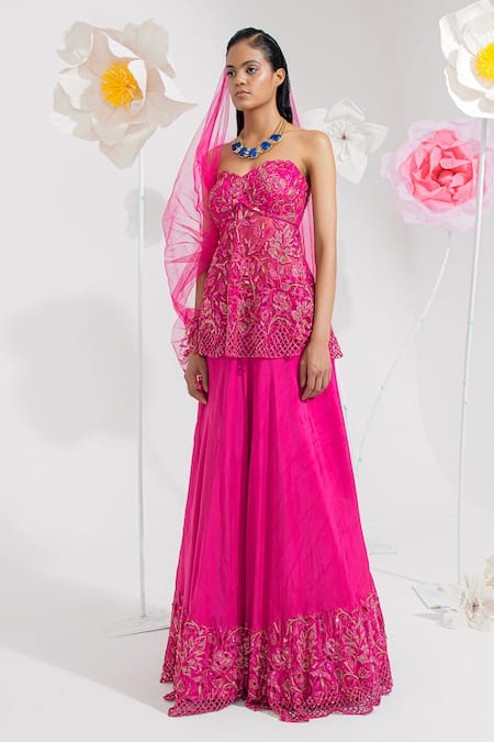 Muskan Aggarwal_Fuchsia Organza, Net Sequins, Beads, Cut Pink Embroidered Peplum Top And Skirt Set _Online_at_Aza_Fashions