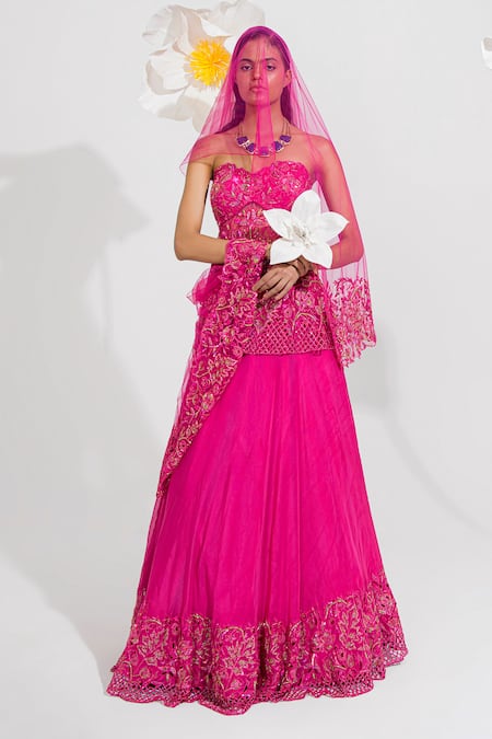Muskan Aggarwal Fuchsia Pink Embroidered Peplum Top & Skirt Set 