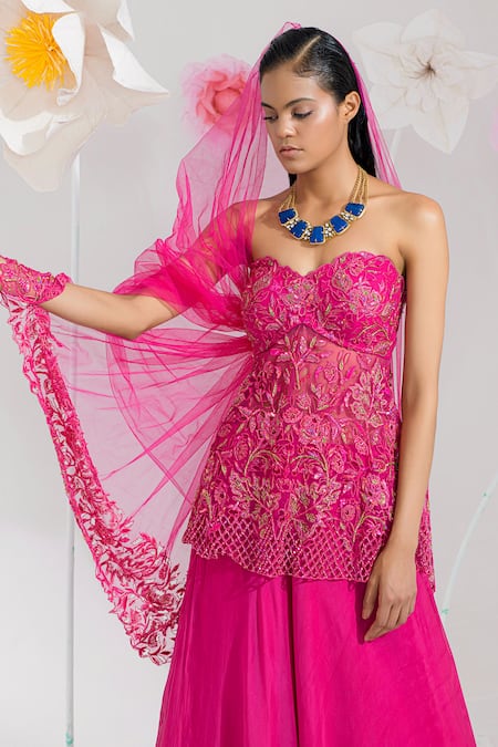 Buy_Muskan Aggarwal_Fuchsia Organza, Net Sequins, Beads, Cut Pink Embroidered Peplum Top And Skirt Set _Online_at_Aza_Fashions