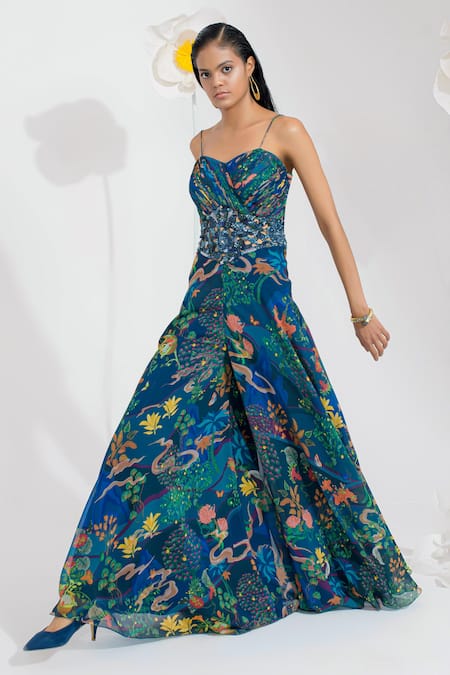 Muskan Aggarwal Teal Blue Embellished Designer Jumpsuit With Shoulder Cape 