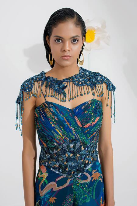 Shop_Muskan Aggarwal_Teal Georgette, Net Blue Embellished Designer Jumpsuit With Shoulder Cape _Online_at_Aza_Fashions