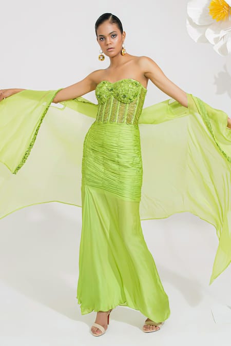 Muskan Aggarwal_Green Satin, Georgette, Net Sequins, Beads Neon Corset Maxi Dress With Shrug _Online_at_Aza_Fashions