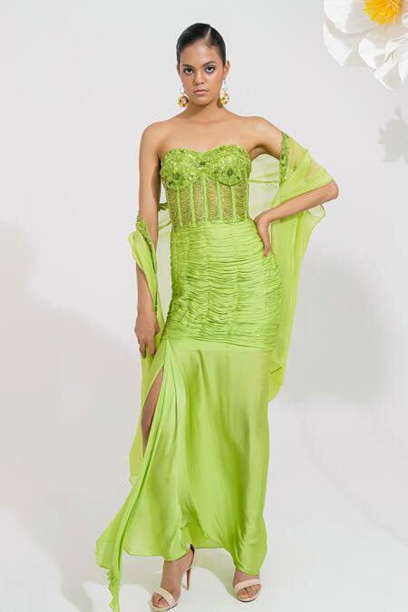 Buy_Muskan Aggarwal_Green Satin, Georgette, Net Sequins, Beads Neon Corset Maxi Dress With Shrug _Online_at_Aza_Fashions