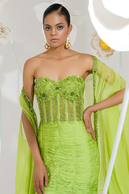 Shop_Muskan Aggarwal_Green Satin, Georgette, Net Sequins, Beads Neon Corset Maxi Dress With Shrug _Online_at_Aza_Fashions