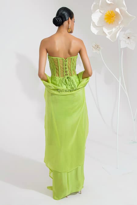 Muskan Aggarwal Neon Green Sequined Corset Maxi Dress With Shrug 
