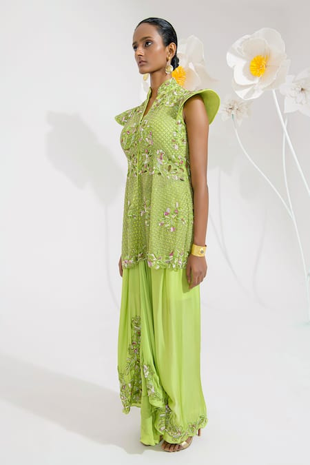 Muskan Aggarwal Neon Green Embroidered Peplum Kurta With Draped Skirt 