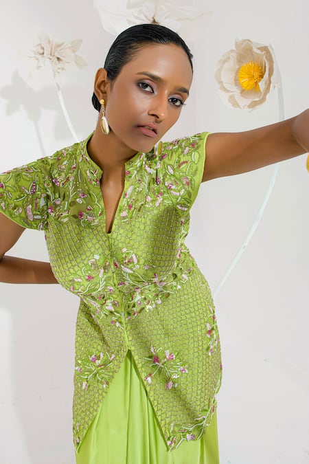 Muskan Aggarwal_Green Satin, Organza Sequins, Neon Embroidered Peplum Kurta With Draped Skirt _Online_at_Aza_Fashions