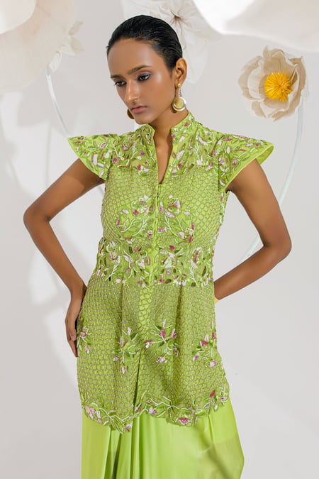 Buy_Muskan Aggarwal_Green Satin, Organza Sequins, Neon Embroidered Peplum Kurta With Draped Skirt _Online_at_Aza_Fashions