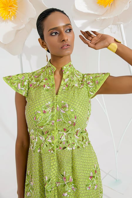 Shop_Muskan Aggarwal_Green Satin, Organza Sequins, Neon Embroidered Peplum Kurta With Draped Skirt _Online_at_Aza_Fashions