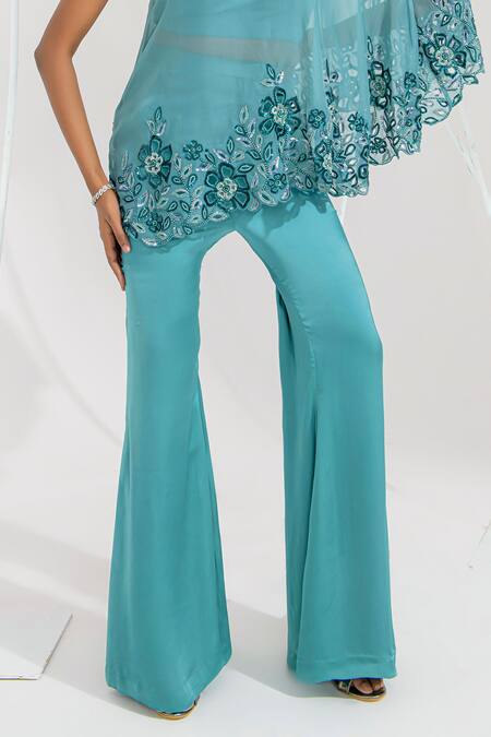 Muskan Aggarwal Aqua Organza, Satin Sequins, Beads, Cut Blue Embroidered Cape And Flared Pant Set Online at Aza Fashions Muskan Aggarwal_Aqua Organza, Satin Sequins, Beads, Cut Blue Embroidered Cape And Flared Pant Set _Online_at_Aza_Fashions